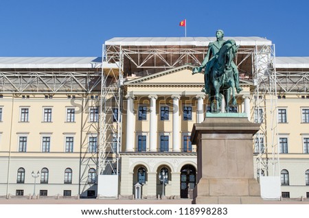 Royal palace in Slottsparken with statue of Karl Johan - Oslo - Norway being renovated