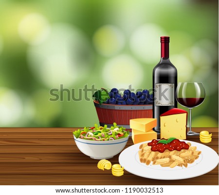 Meal with wine scene  illustration