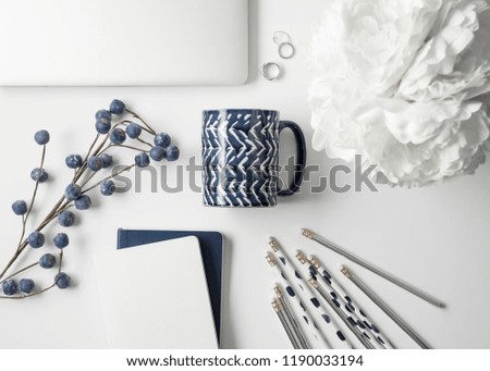 Navy blue and silver feminine styled office and desktop styled stock photos.