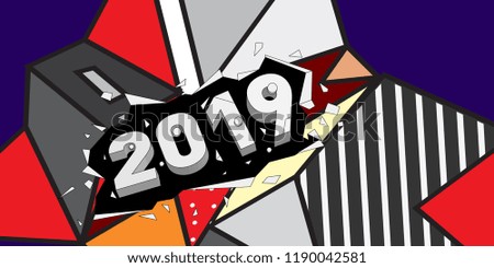 2019 New Year text with Colorful Abstract Geometric Background Pattern. New Year Design Template for Card, Poster, and Party Celebration.