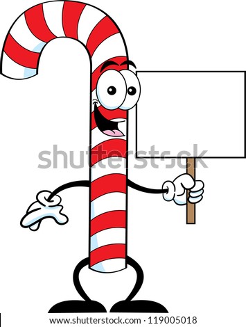 Cartoon illustration of a candy cane holding a sign.