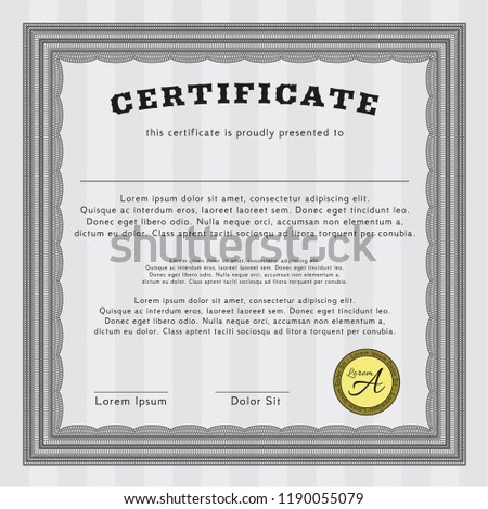 Grey Sample certificate or diploma. Printer friendly. Money style design. Vector illustration. 