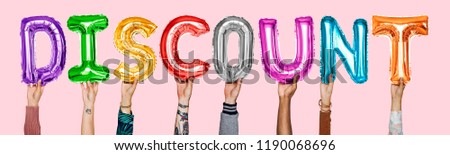 Colorful alphabet balloons forming the word discount