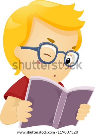 Illustration of a Glasses Wearing Boy Reading a Book