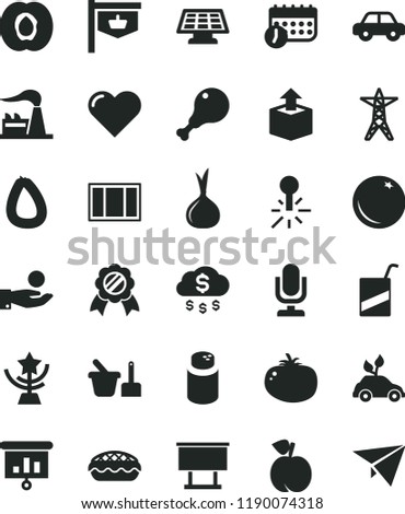 solid black flat icon set desktop microphone vector, powder, motor vehicle, toy sand set, e, window frame, heart, unpacking, stick of sausage, apple pie, chicken leg, tomato, orange, peach, onion