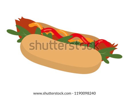 Hotdog with ketchup, mustard and arugula leaf. Fast food on a white background. Flat design style. Vector illustration