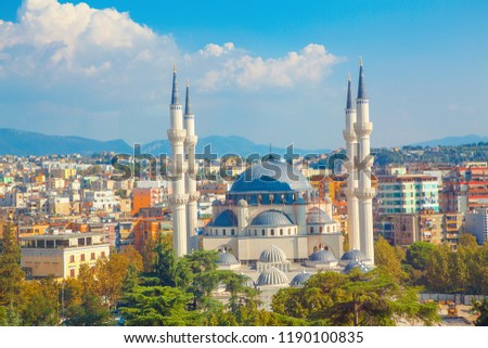 Panorama of Tirana City and largest mosque in Albania Royalty-Free Stock Photo #1190100835