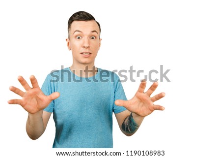 The guy forbid and show a no sign, stop with hands and palms on a isolated white background