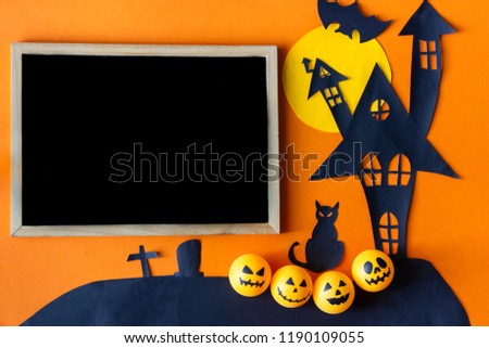 Halloween background with haunted house castle and black cat and bat on orange background