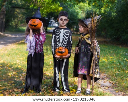 children in costumes play and have fun on a Halloween holiday in the park