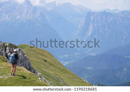 Great view of a hiker in the green valley in the alps