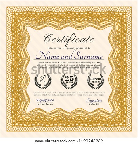 Orange Certificate of achievement. With linear background. Elegant design. Detailed. 