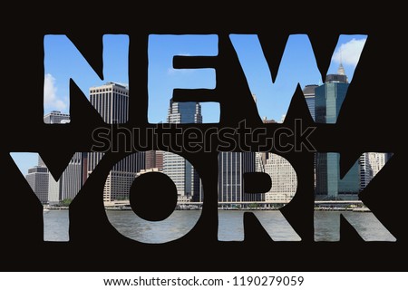 New York text sign - city name with background travel postcard photo.