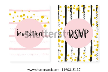 Wedding set with dots and sequins. Bridal shower invitation card with gold glitter confetti. Vertical stripes background. Tender wedding set for party, event, save the date flyer.