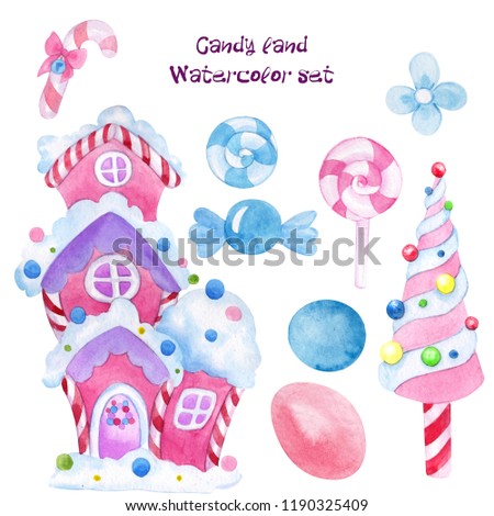 Watercolor set with candy, candy house