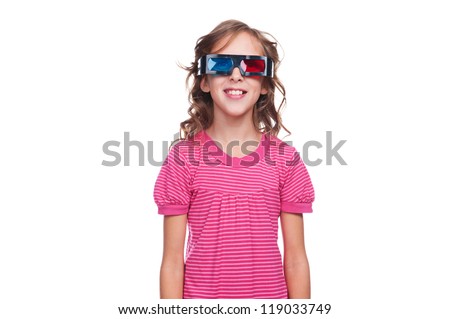 studio shot of smiley girl in 3d glasses over white background