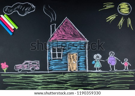 child draws a family a house and a car on the school Board