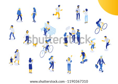 Different isomeric people vector set isolated on white. Male and female have outdoor activity in the city. Walking with dog, riding bicycle and skateboard, sitting on bench in park.
