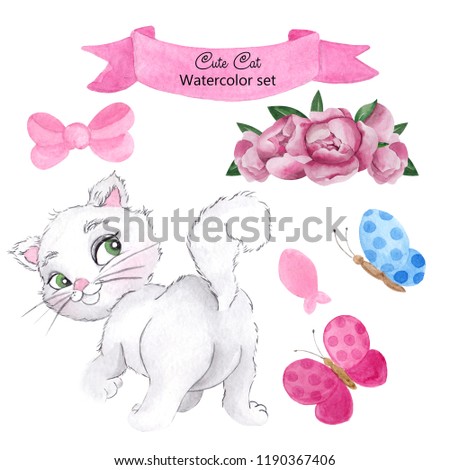 Watercolor set with cute cat, flowers, bow, butterfly