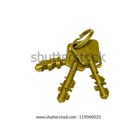Old style of brass keys on white background