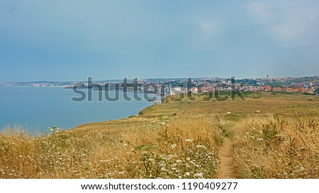 Hiking trail in a field on the cliffs on the French North sea coast, with the city of Wimereux in the background in Nord Pas De Calais region , France