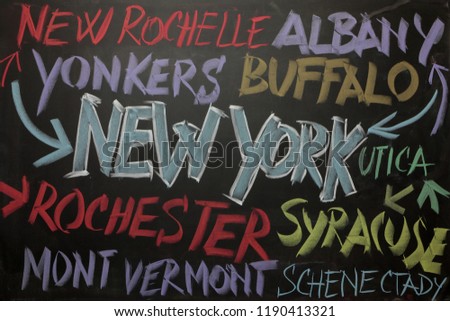colorful lettering with city names on the blackboard
