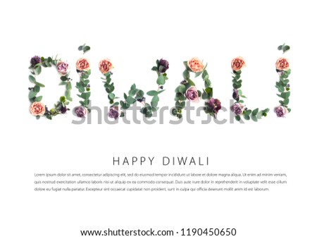 Happy Diwali. Greeting card with photo inscription made of leaves and flowers on white background with text