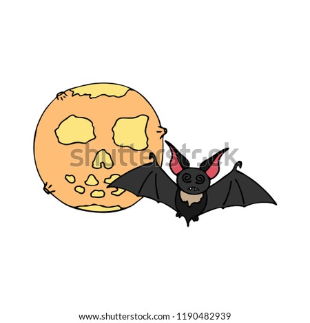 Happy halloween color vector icon with cute vampire bat, moon. Trick or treat. Cute naive doodle, spooky element. Graveyard, monster, fall celebration. Witchcraft, magic. Cartoon horror illustration.