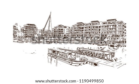 Building view with landmark of Cape Town is a port city on South Africa’s southwest coast. Hand drawn sketch illustration in vector.