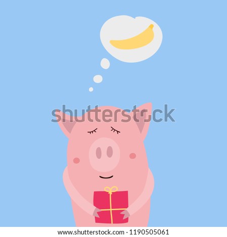 
Christmas card, pig with a gift, dreaming of a banana. Happy New year hand drawn vector print. 