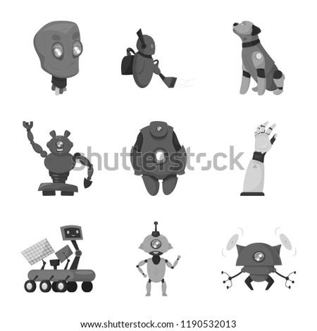 Vector illustration of robot and factory sign. Set of robot and space stock vector illustration.