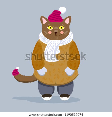 Cat in winter clothes, cartoon animal character. Fairy personage in hat, scarf, mittens, boots and jacket