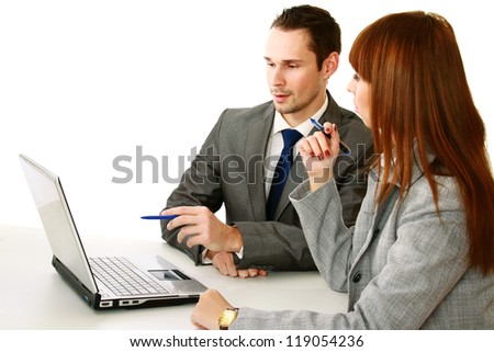A group of business people working together on white background