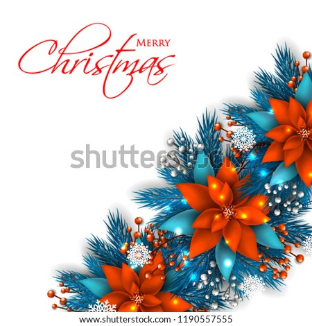 Red Poinsettia Christmas party invitation vector template greeting card with pine and fir branches red berry wreath in the snowflake, lights
