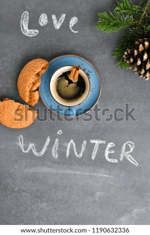 Almond Cookies Crumbs Coffee Cup Cinnamon Dark Background Top View Flat Lay Love Winter 

