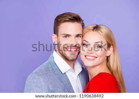 14-february concept. Close up photo of two adorable, good-looking bearded man and blondy lady person look at camera make big toothy smile isolated on shine violet background