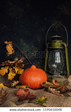  Halloween background. Molten candles. Carrying out the ritual.  Halloween in rustic style. Autumn mood. All hallows' day. Pumpkin, lamp, candles. Harvest. Countryside. 