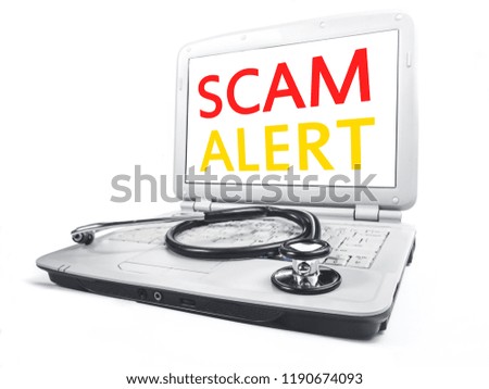Scam Alert, Internet Fraudulent quotes, words typography top view lettering concept
