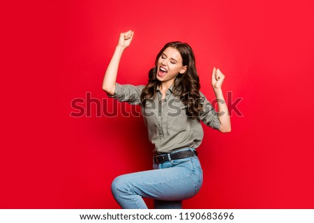 Achievement concept. Profile side view photo of gorgeous, good-looking person in casual shirt raised fists, eyes close up isolated on shine red background