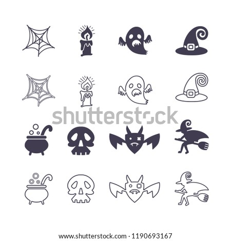 Halloween. Set of vector icons silhouette and line art on a theme of a holiday of Halloween. Flat graphic design.