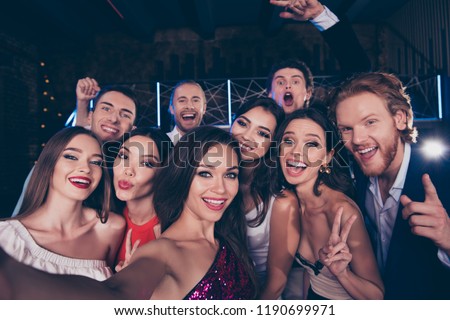 Group of diversity attractive, gorgeous, stylish, trendy friends take selfie picture on nightclub celebrate event on meeting