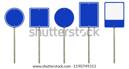 Collection of blank blue road sign or Empty traffic signs isolated on white background. Objects clipping path