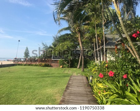 Garden with beach and blue sky
