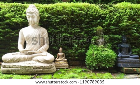 Buddha statues are enshrined in the altar lined with brick covered with moss.