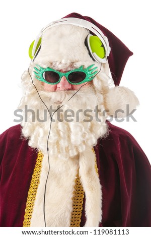 Portrait of Santa Claus listening to cool music
