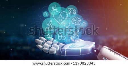 View of a Cyborg hand holding a Medical icon and connection 3d rendering