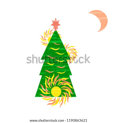 Vector illustration of a handmade, artistic Happy New Year, a green Christmas tree, the sun is yellow-red, the moon is on a white background. New Year's Gentle Illustration, with old vintage texture. 