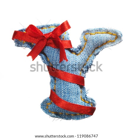 Handmade letter of jeans alphabet with holiday red ribbon