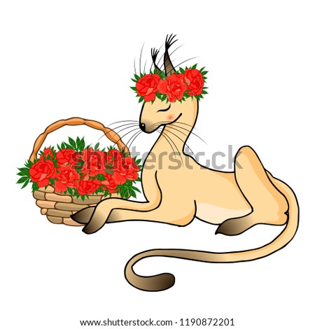 Vector illustration. Lynx in a wreath of peonies. Basket of peonies. Summer illustration.