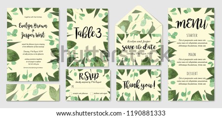 Template set wedding invite, invitation menu, rsvp, thank you card, table, vector floral greenery design. Watercolor style herbs, eucalyptus, lily leaves, botanical green, decorative frame
